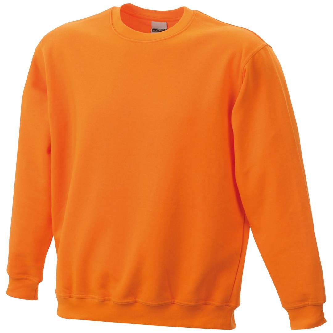 Orange Sweatshirt mit langen Ärmeln und Rundhalskragen auf weißem Hintergrund.