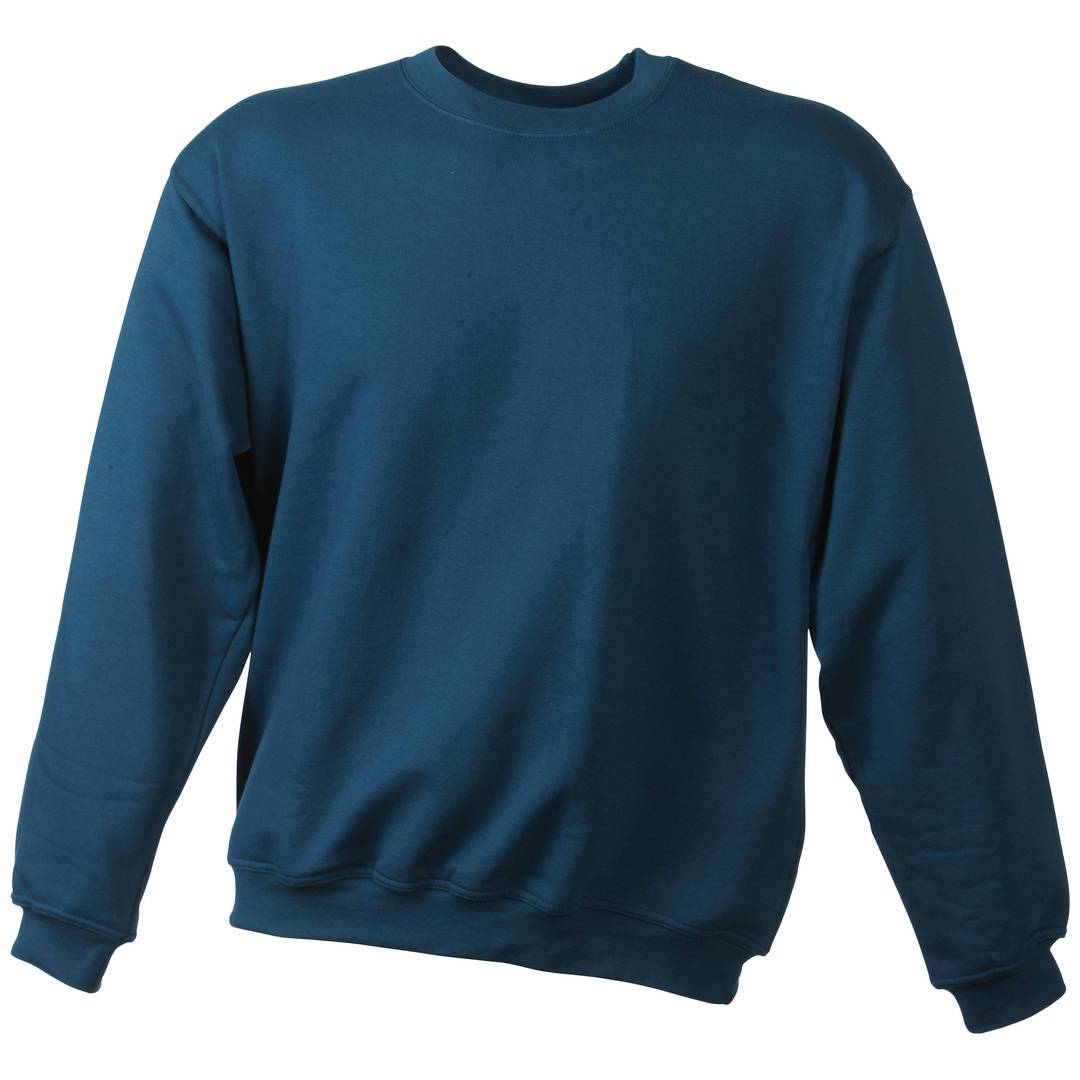 Dunkelblues Sweatshirt mit Rundhalsausschnitt und langen Ärmeln, Vorderansicht auf weißem Hintergrund.