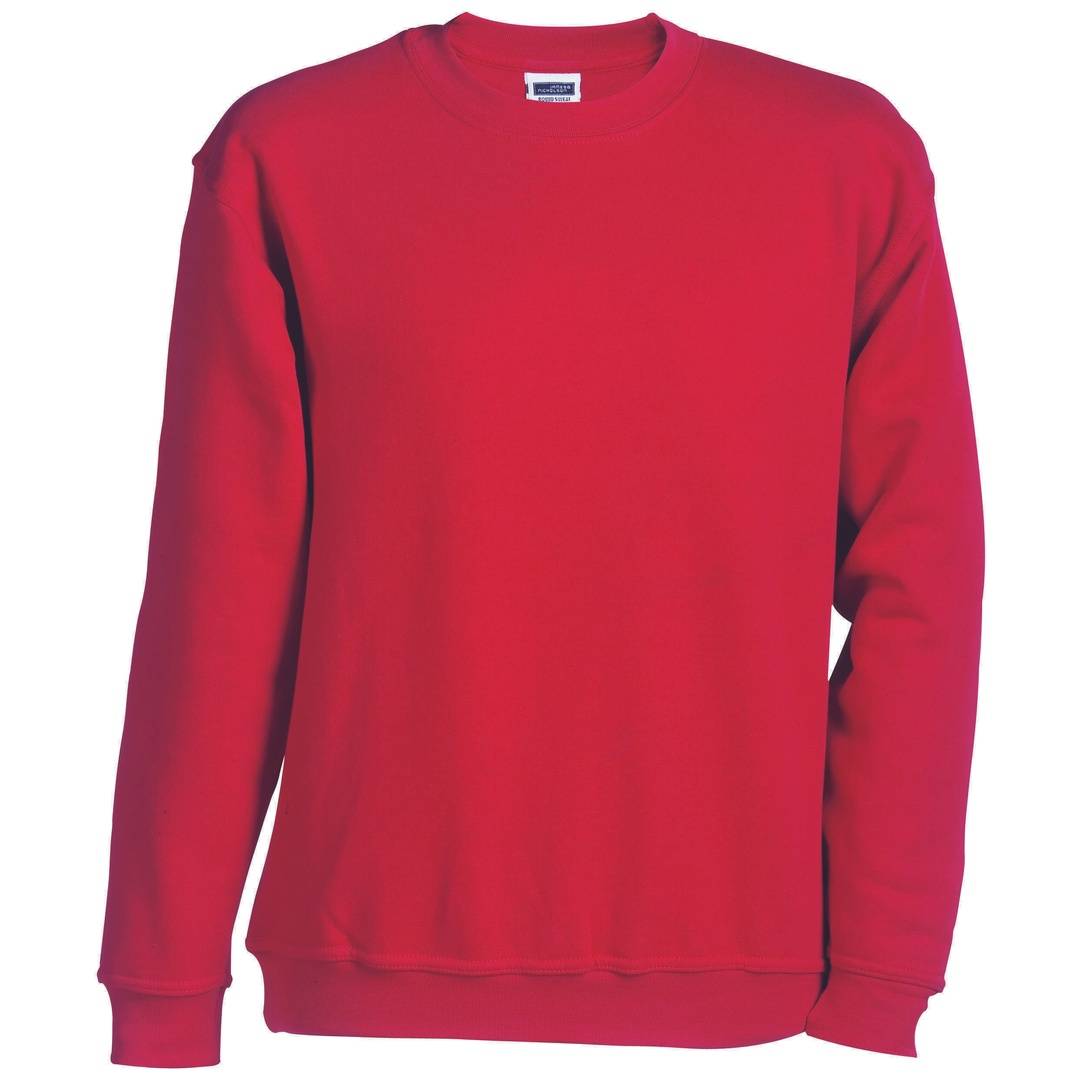 Rotes Crewneck-Sweatshirt mit langen Ärmeln, Vorderansicht auf neutralem weißem Hintergrund dargestellt.
