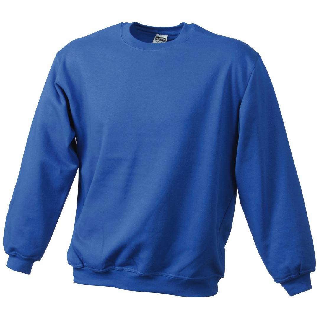 Blaues Sweatshirt mit langen Ärmeln und Rundhalsausschnitt auf weißem Hintergrund.