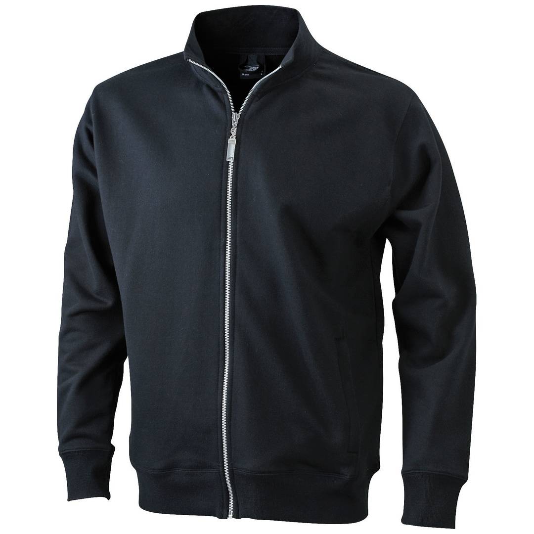Schwarze Reißverschlussjacke mit hohem Kragen, Vorderansicht auf weißem Hintergrund.