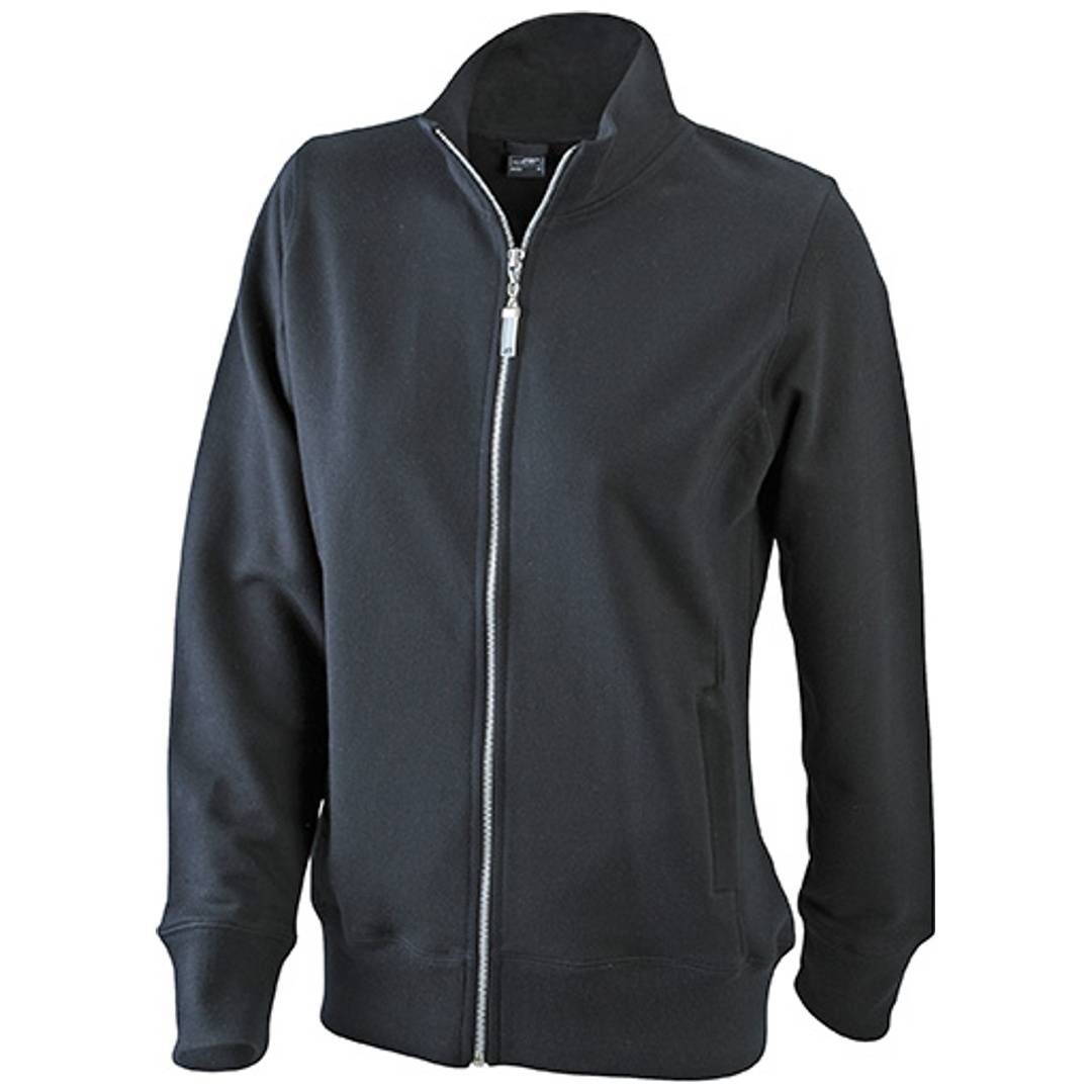 Schwarze Reißverschlussjacke mit hochstehendem Kragen, Vorderansicht auf weißem Hintergrund.