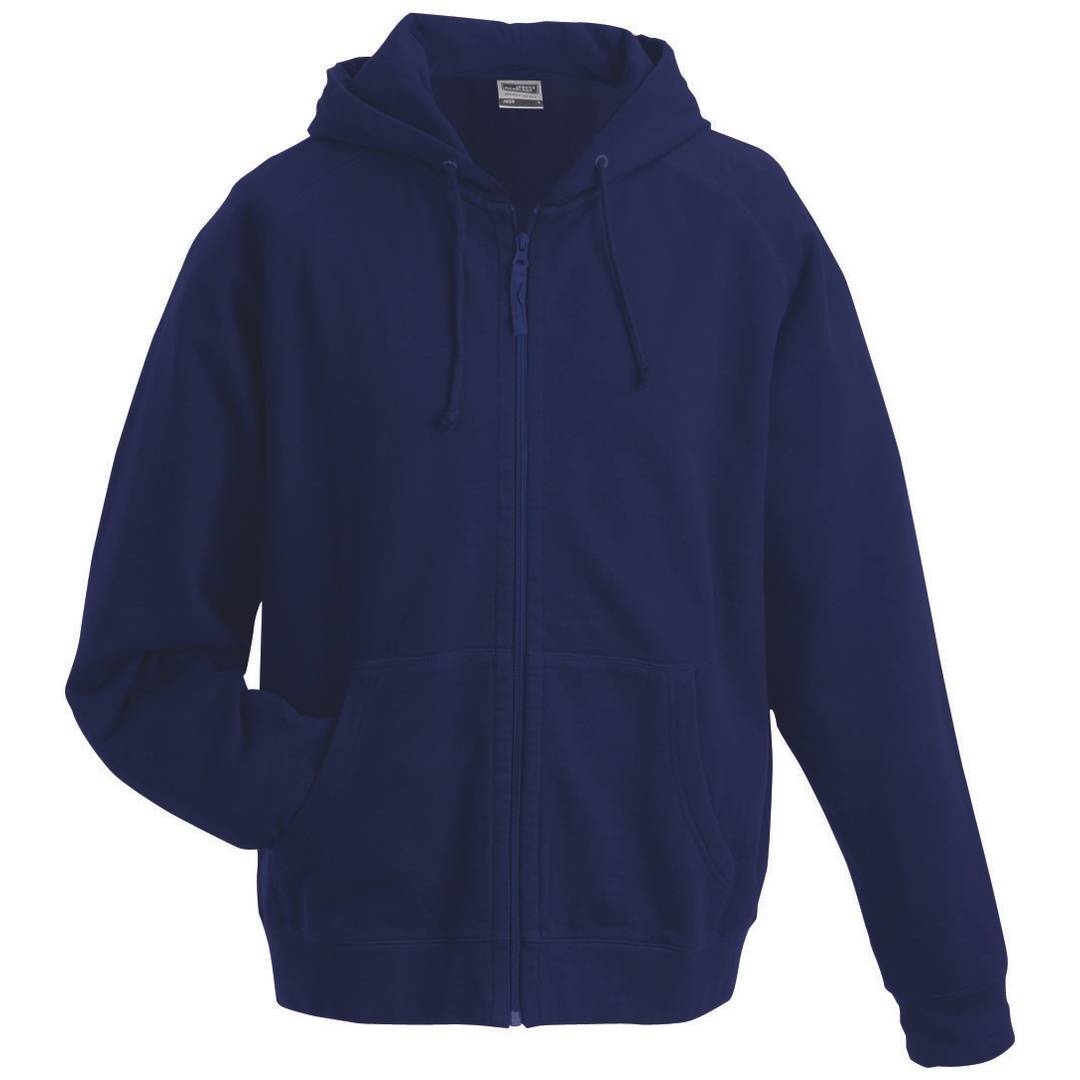 Marineblues Kapuzenshirt mit Reißverschluss und vorderen Taschen, flach auf weißem Hintergrund dargestellt.