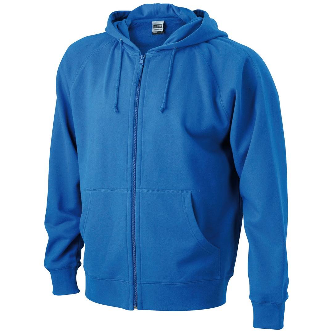 Blauer Kapuzenpullover mit Reißverschluss, Kapuze mit Zugband und vorderen Taschen auf einfachem weißem Hintergrund.