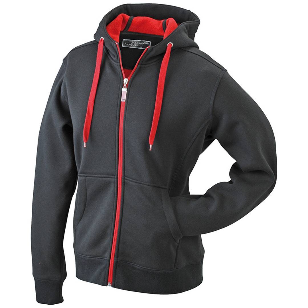 Schwarzer Reißverschluss-Hoodie mit rotem Futter und Zugbändern, Vorderansicht auf neutralem Hintergrund dargestellt.