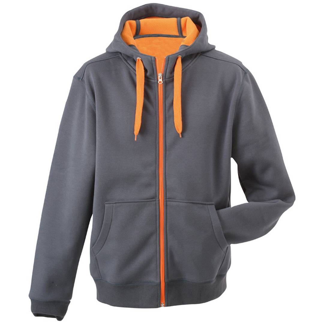 Graues Kapuzen-Sweatshirt mit Reißverschluss, orangefarbig gefüttert und mit Kordelzügen, Vorderansicht auf weißem Hintergrund.