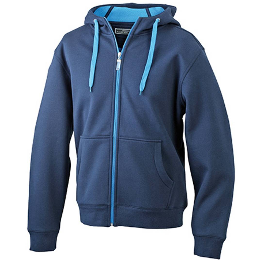 Blauer Reißverschluss-Hoodie mit hellblauen Kordelzügen und vorderen Taschen, gezeigt auf einfachem weißen Hintergrund.