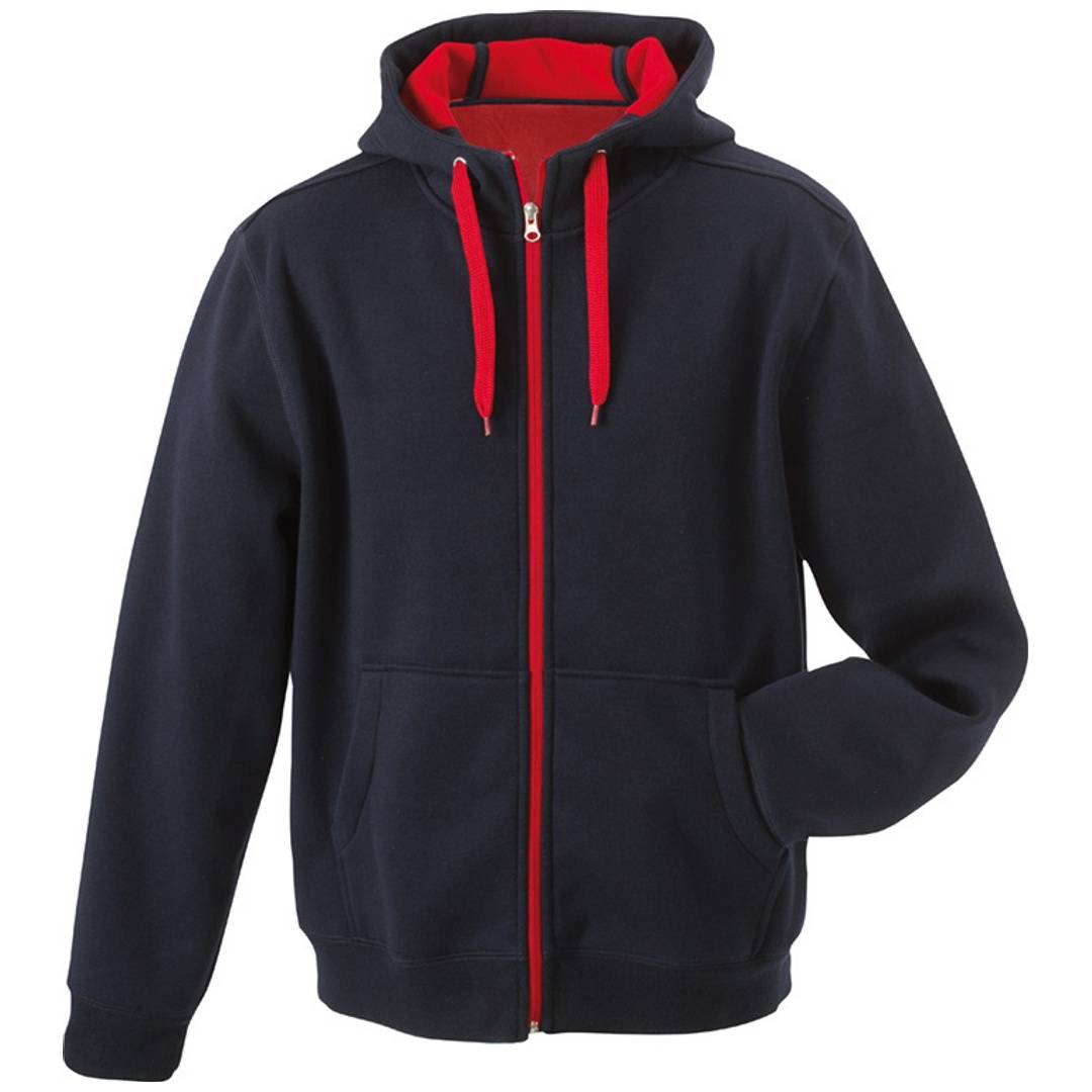 Schwarzer durchgehend reißverschlossener Kapuzenpullover mit rotem Futter, Kordelzügen und durchgehendem frontalem Reißverschluss auf einfachem weißem Hintergrund.
