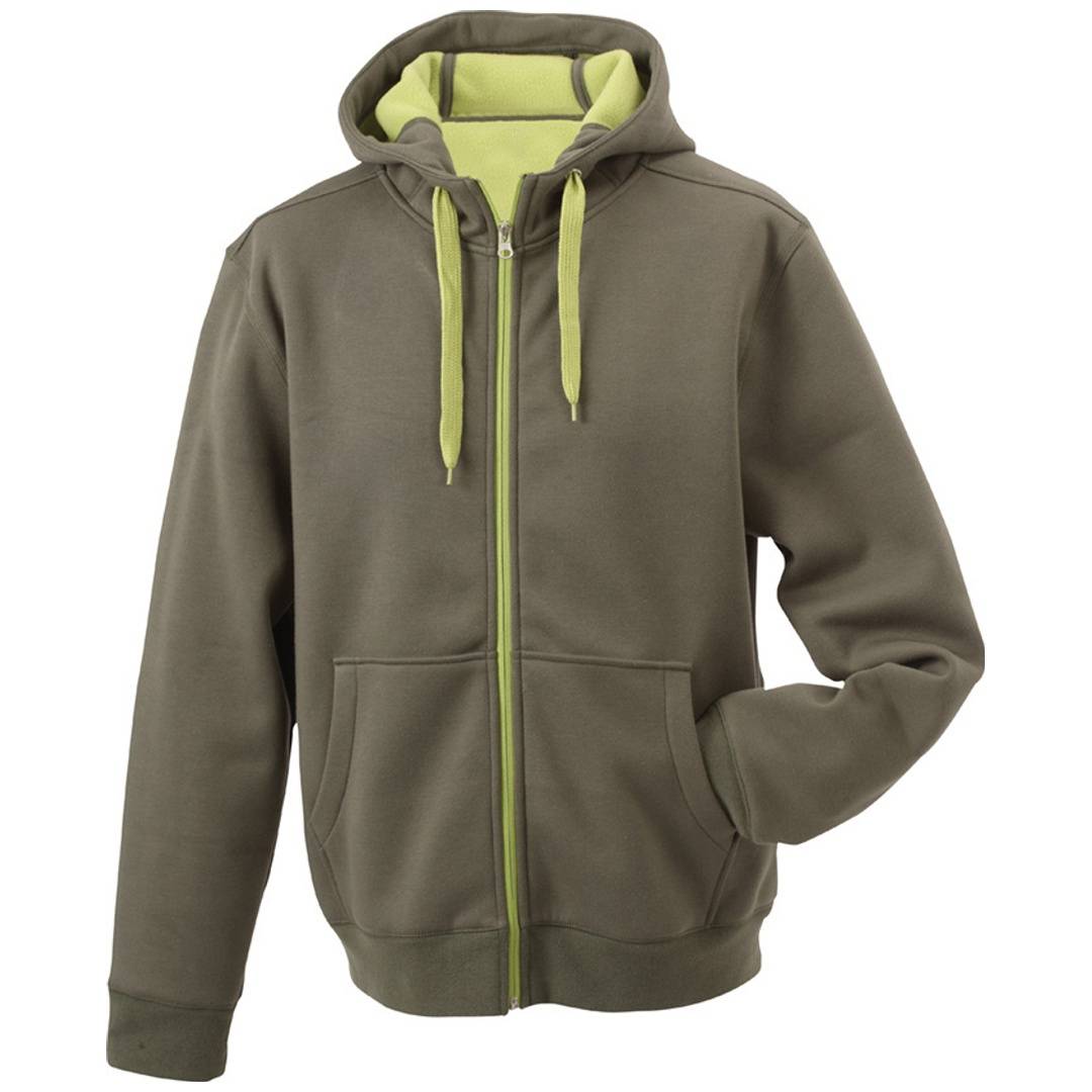 Olivgrüner Reißverschluss-Hoodie mit Kapuze, limettenfarbenen Kordelzügen und vorderen Känguru-Taschen, gezeigt auf einfachem weißem Hintergrund.