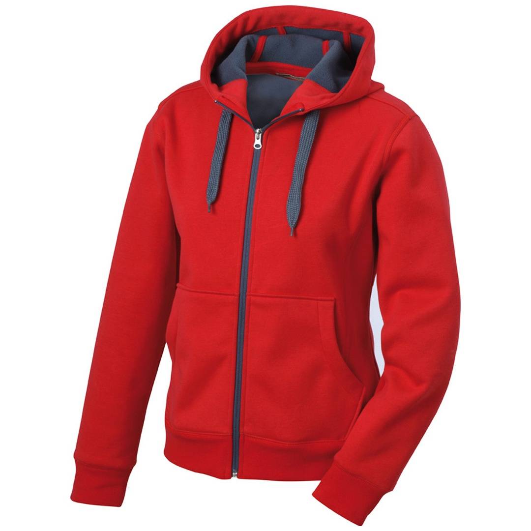 Roter Hoodie-Sweatshirt mit Reißverschluss, Vordertaschen und dunkelgrauem Futter und Zugbändern in der Kapuze.