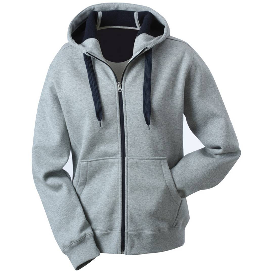 Graues Kapuzenpullover mit Reißverschluss und vorderen Taschen sowie dunklen Kordelzügen, Vorderansicht auf weißem Hintergrund gezeigt.