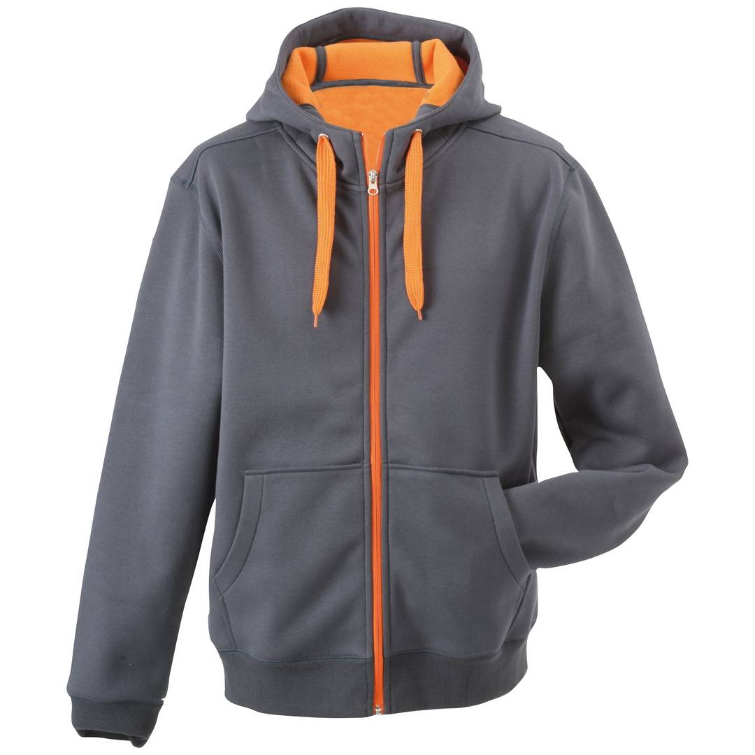 Grauer Reißverschluss-Hoodie mit orangefarbigen Verzierungen, Zugschnüren und innerer Kapuzenfütterung, Vorderansicht auf weißem Hintergrund.