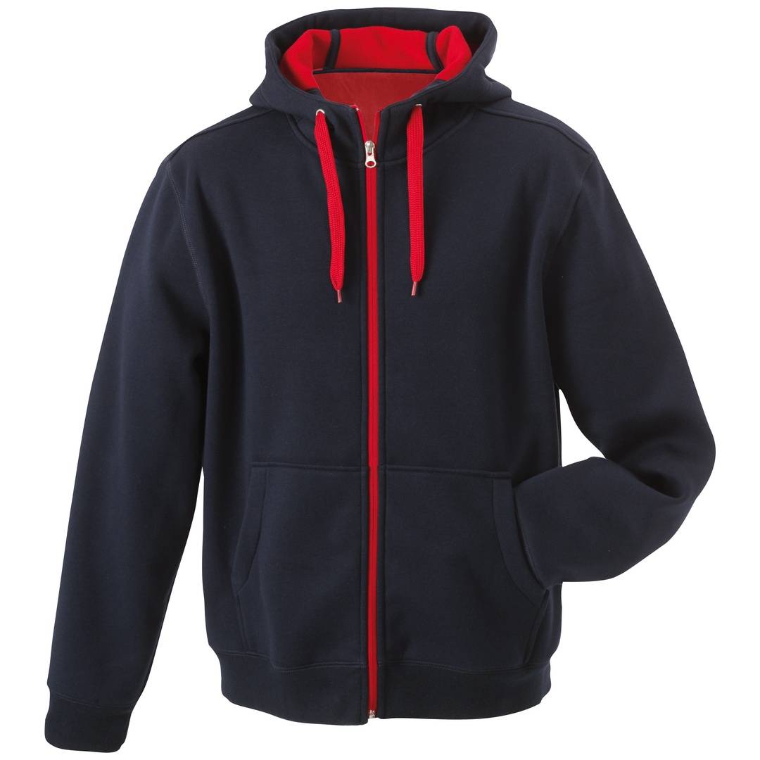 Navy-farbiger Kapuzenpullover mit Reißverschluss, rotem Futter, Reißverschluss und Kordelzügen, Vorderansicht auf weißem Hintergrund gezeigt.