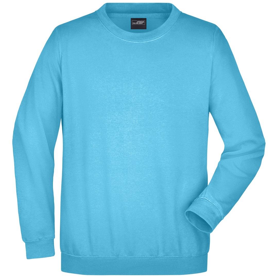 Hellblaues Sweatshirt mit langen Ärmeln und Rundhalsausschnitt, gezeigt in Vorderansicht auf weißem Hintergrund.
