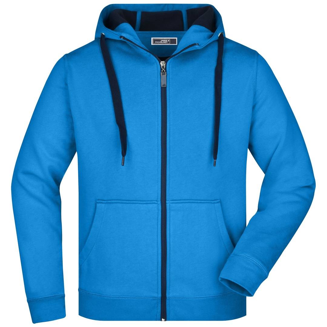Blauer Reißverschluss-Hoodie mit Kordelzug-Kapuze, vorderen Taschen und schwarzer Einfassung, von vorne auf weißem Hintergrund abgebildet.