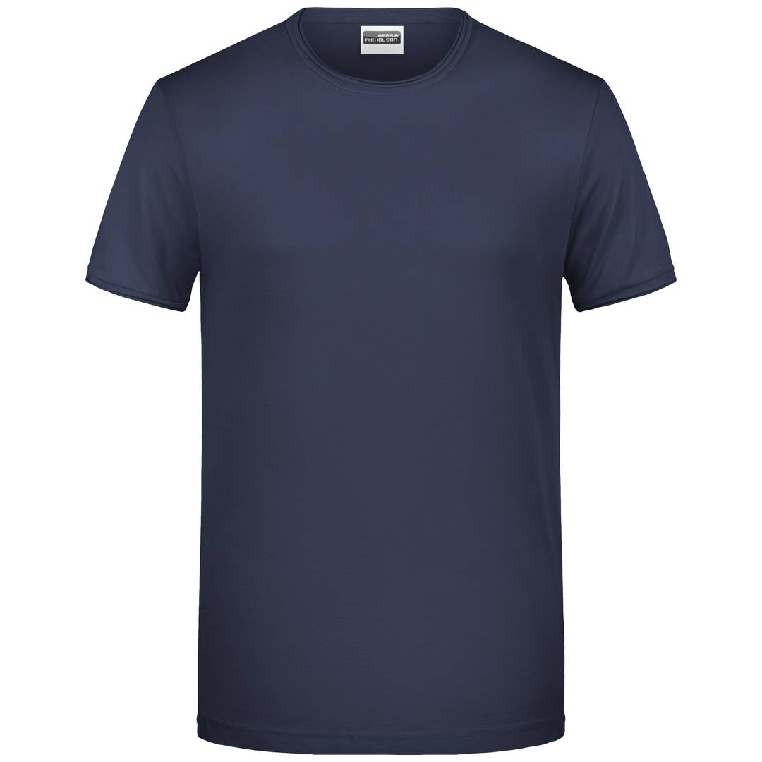 Marineblaubierteiliges Kurzarm-T-Shirt mit Rundhalsausschnitt, von vorne auf einfachem weißen Hintergrund dargestellt.