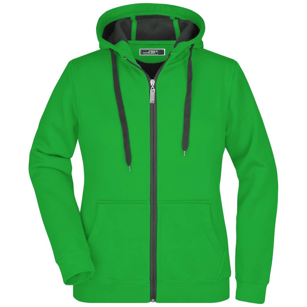 Leuchtend grüner Reißverschluss-Hoodie mit schwarzen Kordelzügen und Futter, Vorderansicht auf einfachem weißem Hintergrund.
