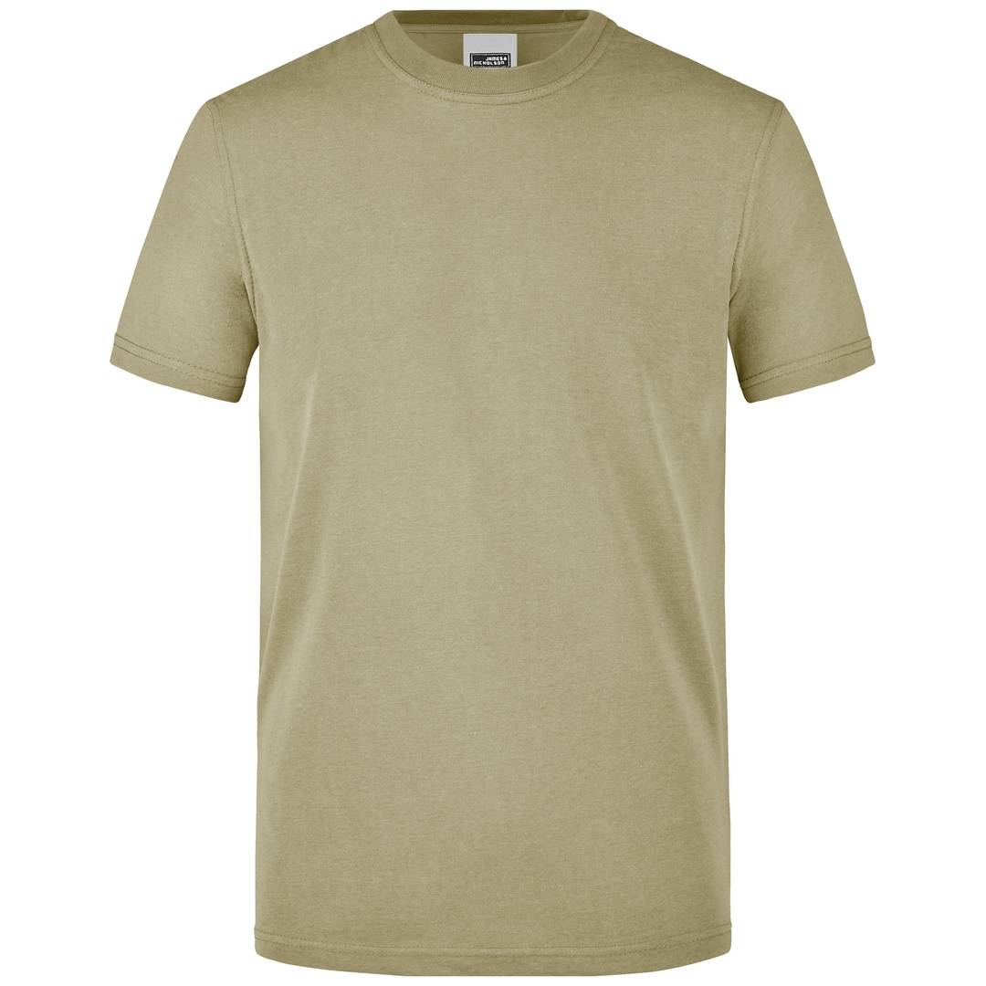 Beiges Kurzarm-Rundhals-T-Shirt, Vorderansicht auf weißem Hintergrund dargestellt.
