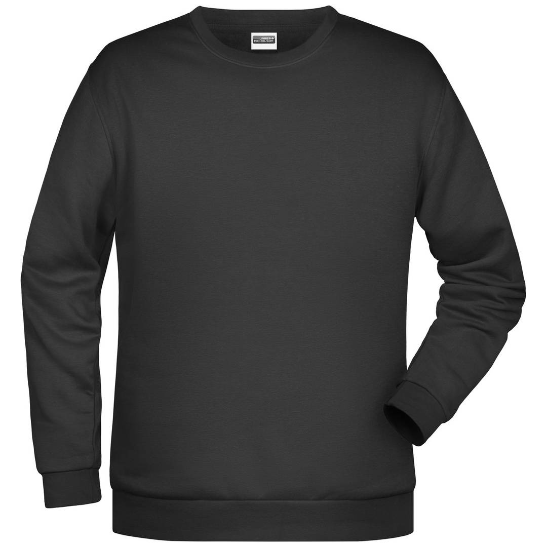 Schwarzes Sweatshirt mit langen Ärmeln und Rundhalsausschnitt, Vorderansicht auf einfachem weißem Hintergrund dargestellt.