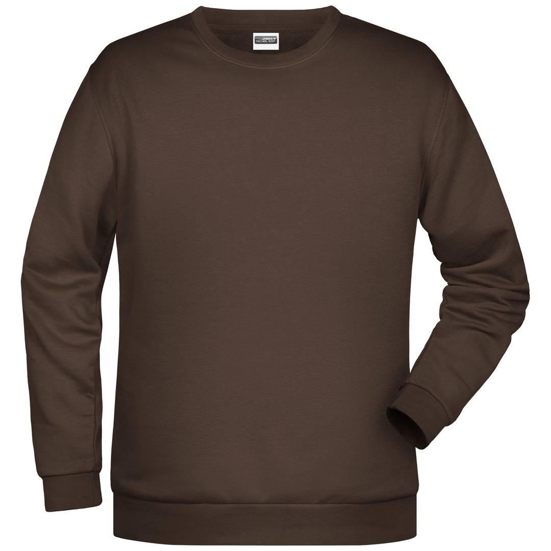 Braunes Sweatshirt mit Rundhalsausschnitt und langen Ärmeln, flach auf weißem Hintergrund dargestellt.