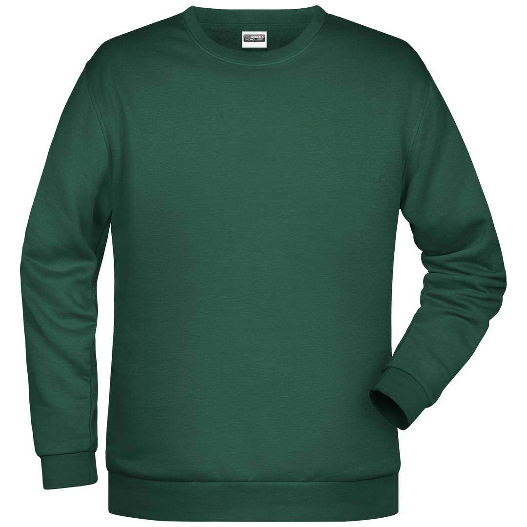Dunkelgrünes Langarm-Sweatshirt mit Rundhalsausschnitt, Vorderansicht auf weißem Hintergrund dargestellt.