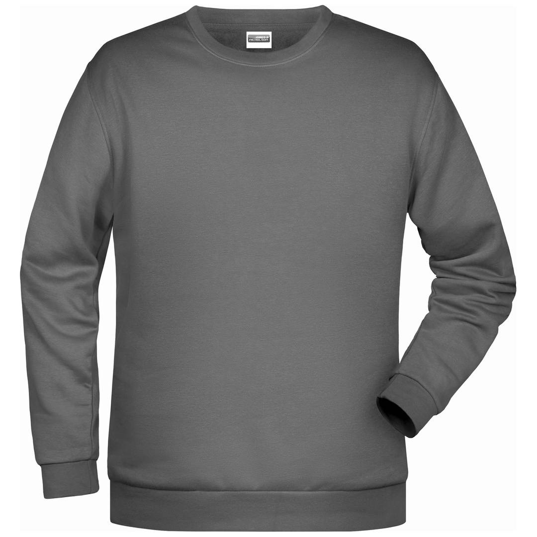 Graues Sweatshirt mit langen Ärmeln und Rundhalsausschnitt, Vorderansicht auf weißem Hintergrund.