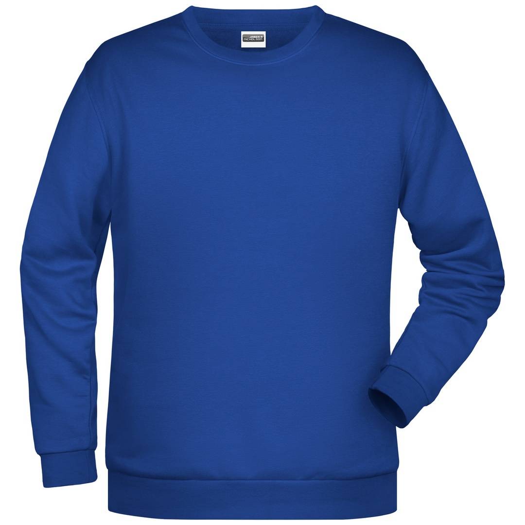 Königsblaues Sweatshirt mit langen Ärmeln und Rundhalsausschnitt, gezeigt in Vorderansicht auf einem einfachen weißen Hintergrund.