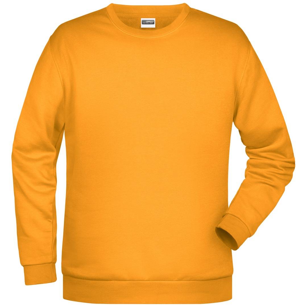 Einfaches oranges Sweatshirt mit langen Ärmeln und Crewneck-Ausschnitt, Vorderansicht auf weißem Hintergrund gezeigt.