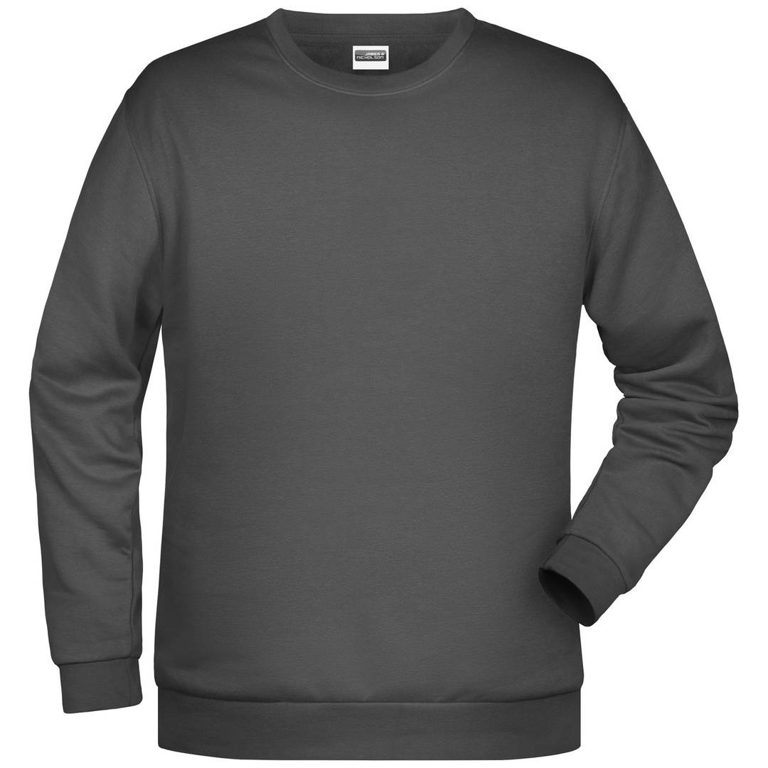 Dunkelgrauer Sweatshirt mit langen Ärmeln und Rundhalsausschnitt, shown in Vorderansicht auf einfachem weißem Hintergrund.