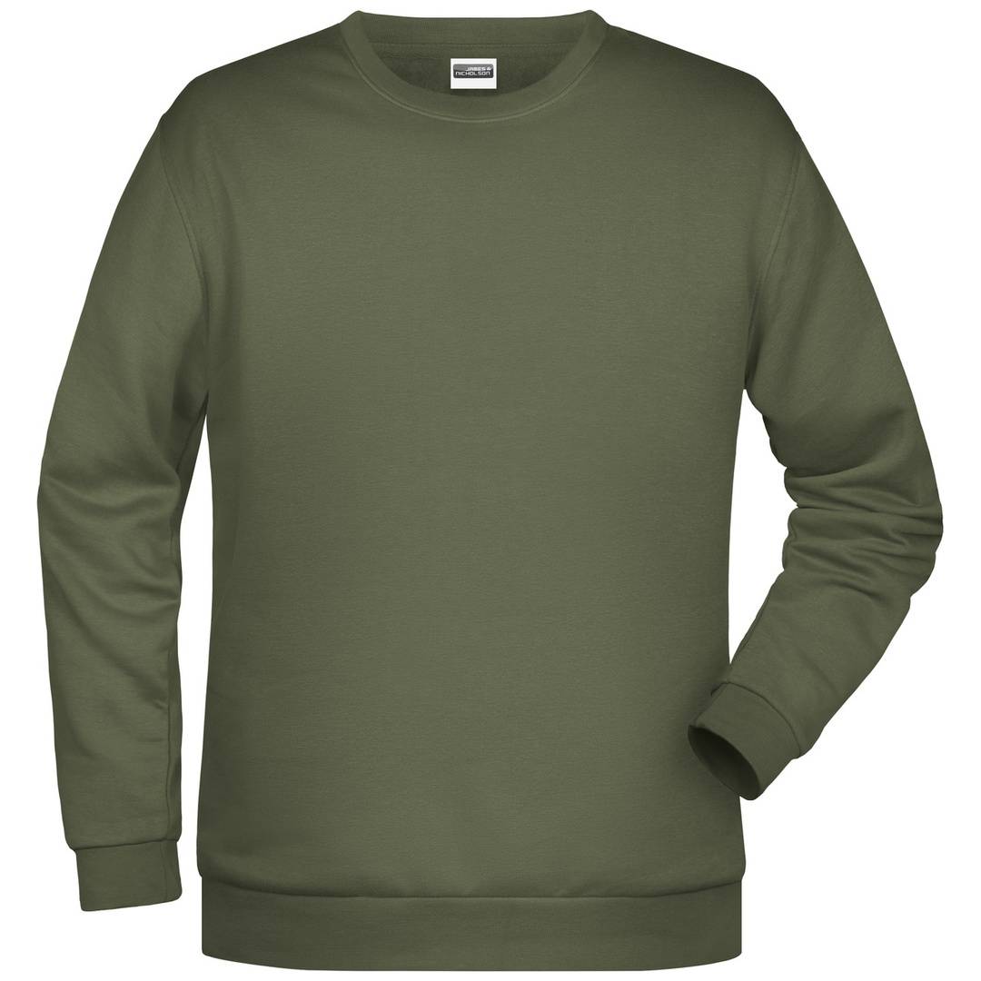 Olivgrünes Sweatshirt mit langen Ärmeln und Rundhalsausschnitt, Vorderansicht auf neutralem Hintergrund.