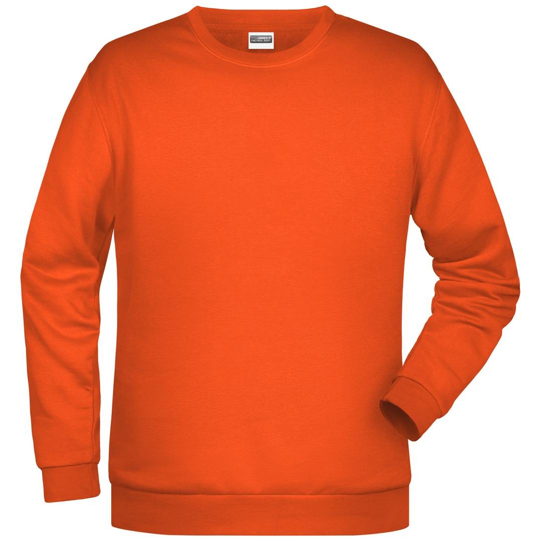 Einfaches oranges Sweatshirt mit langen Ärmeln und Rundhalsausschnitt, isoliert auf weißem Hintergrund.