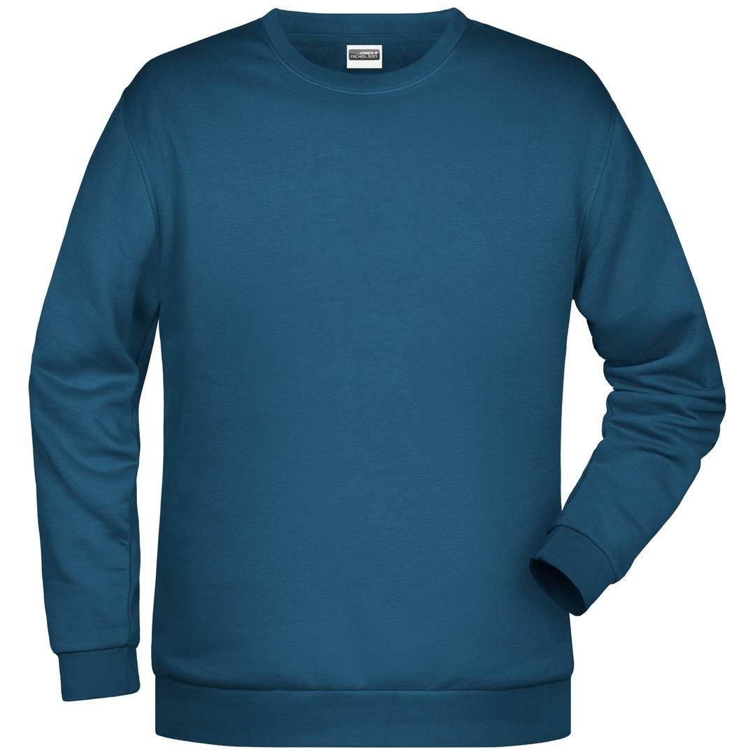 Blauenes Langarm-Sweatshirt mit Rundhalsausschnitt, Vorderansicht auf einfachem weißem Hintergrund dargestellt.