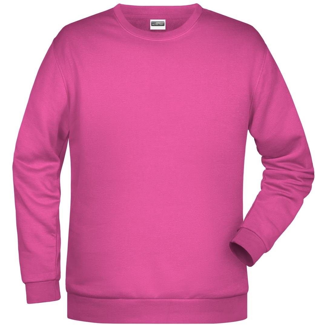 Leuchtend rosa Sweatshirt mit langen Ärmeln und Rundhalsausschnitt, Vorderansicht auf weißem Hintergrund.