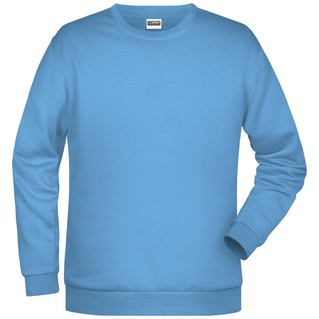 Hellblaues Sweatshirt mit Rundhalsausschnitt und langen Ärmeln auf einfachem weißem Hintergrund.
