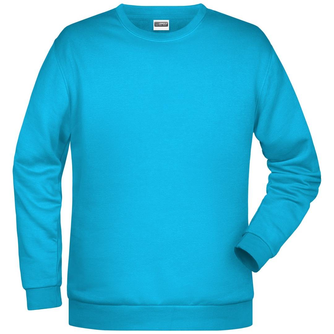 Helles türkises Langarm-Crewneck-Sweatshirt in Vorderansicht auf einfachem weißen Hintergrund.