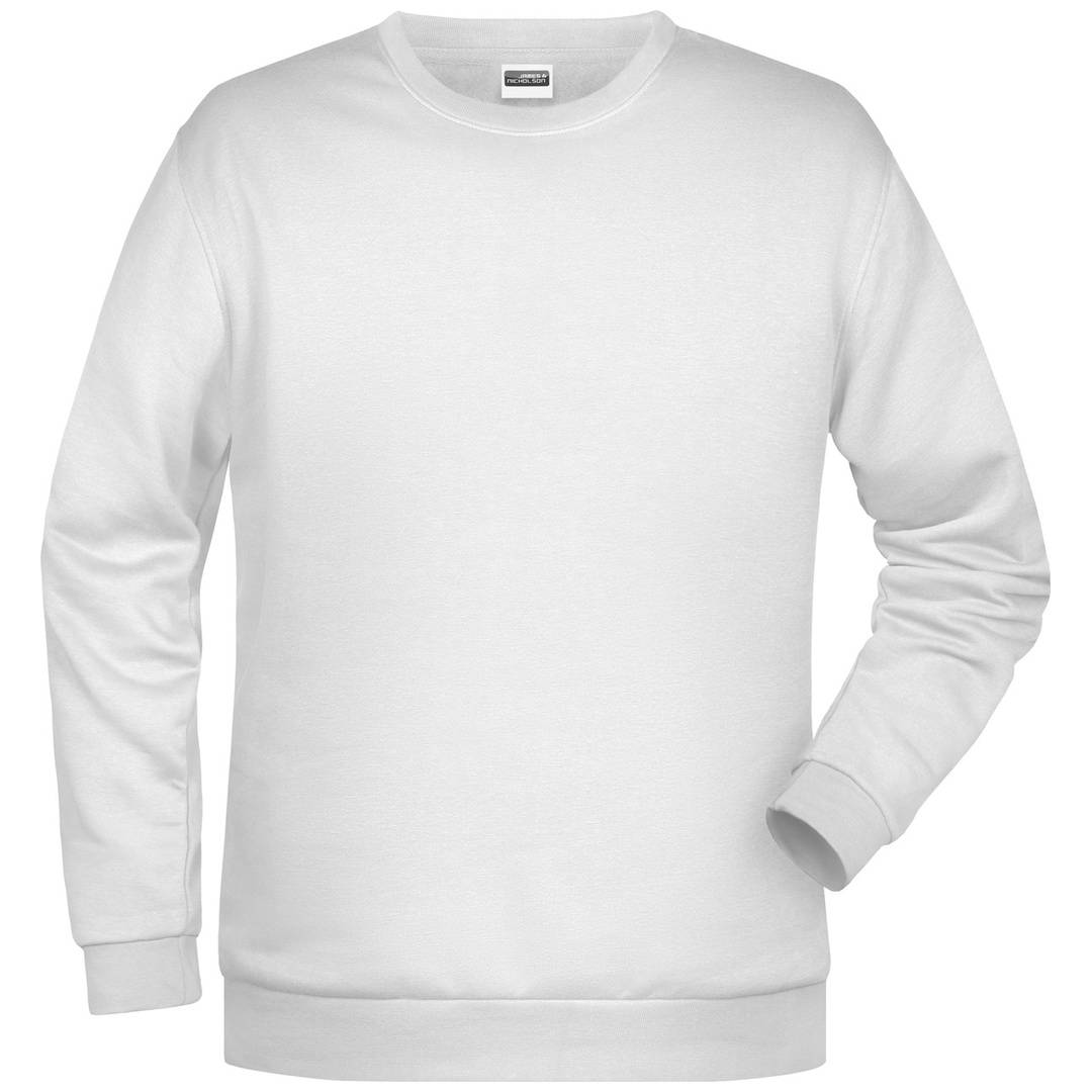 Weißes Sweatshirt mit langen Ärmeln und Rundhalsausschnitt, vorne gezeigt auf einfachem Hintergrund.
