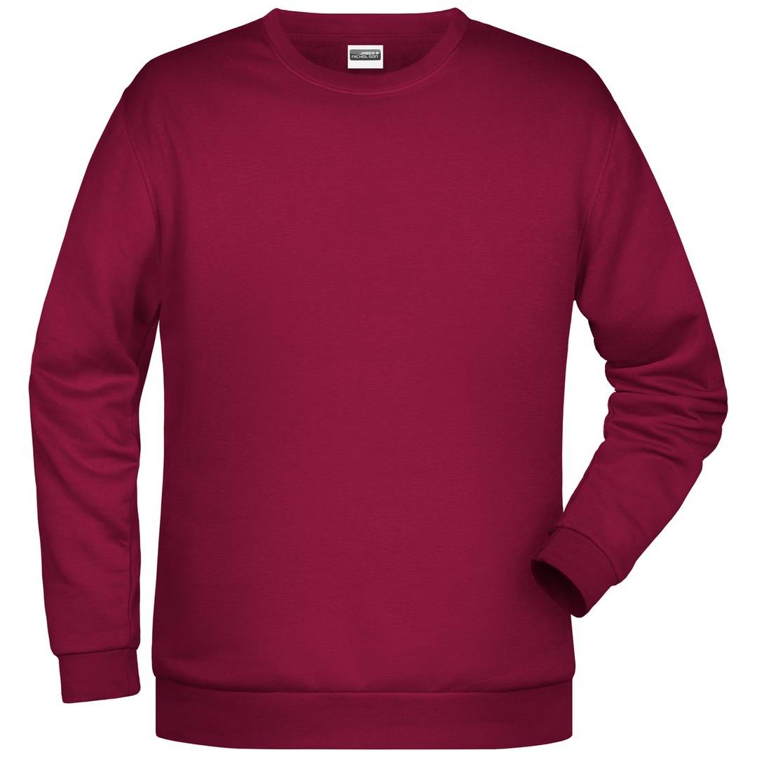 Burgunderrote Sweatshirt mit langen Ärmeln und Rundhalsausschnitt, Vorderansicht auf weißem Hintergrund.