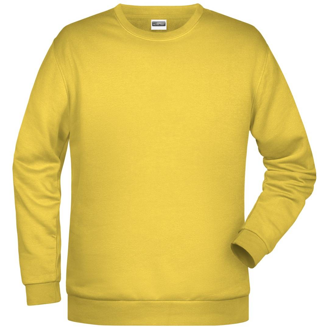 Gelber Sweatshirt mit langen Ärmeln und Rundhalsausschnitt, Vorderansicht auf einfarbigem weißem Hintergrund gezeigt.