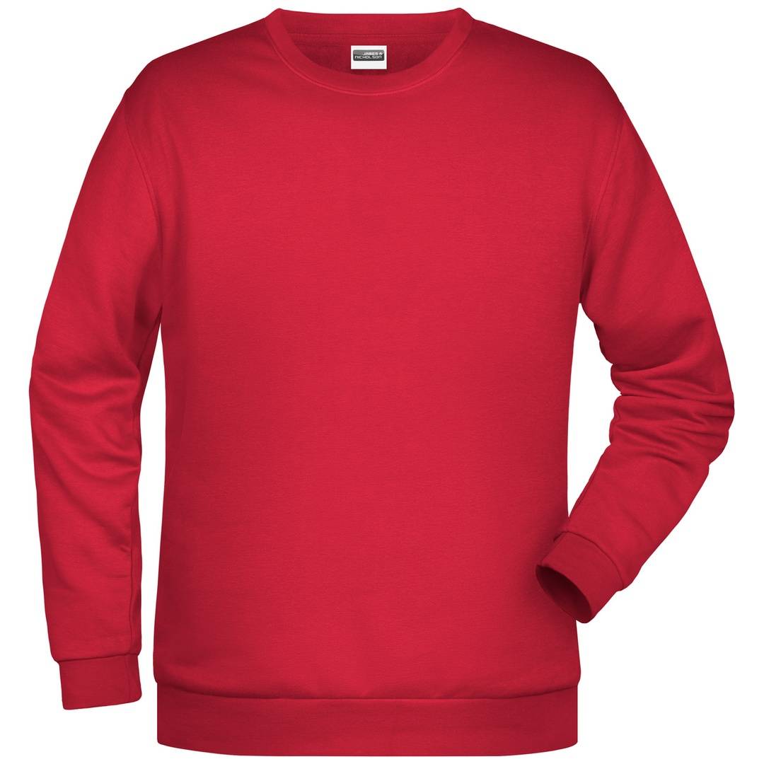 Rotes Langarm-Sweatshirt mit Rundhalsausschnitt, gezeigt in der Vorderansicht auf einfachem weißem Hintergrund.