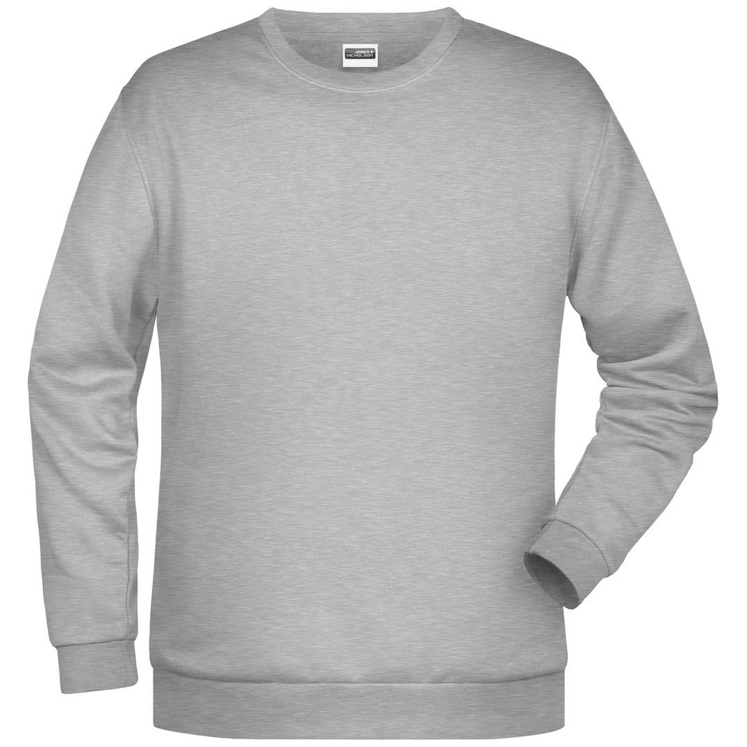 Hellgraues Sweatshirt mit langen Ärmeln, Rundhalsausschnitt und gerippten Bündchen sowie Saum, Vorderansicht auf einfachem weißem Hintergrund.