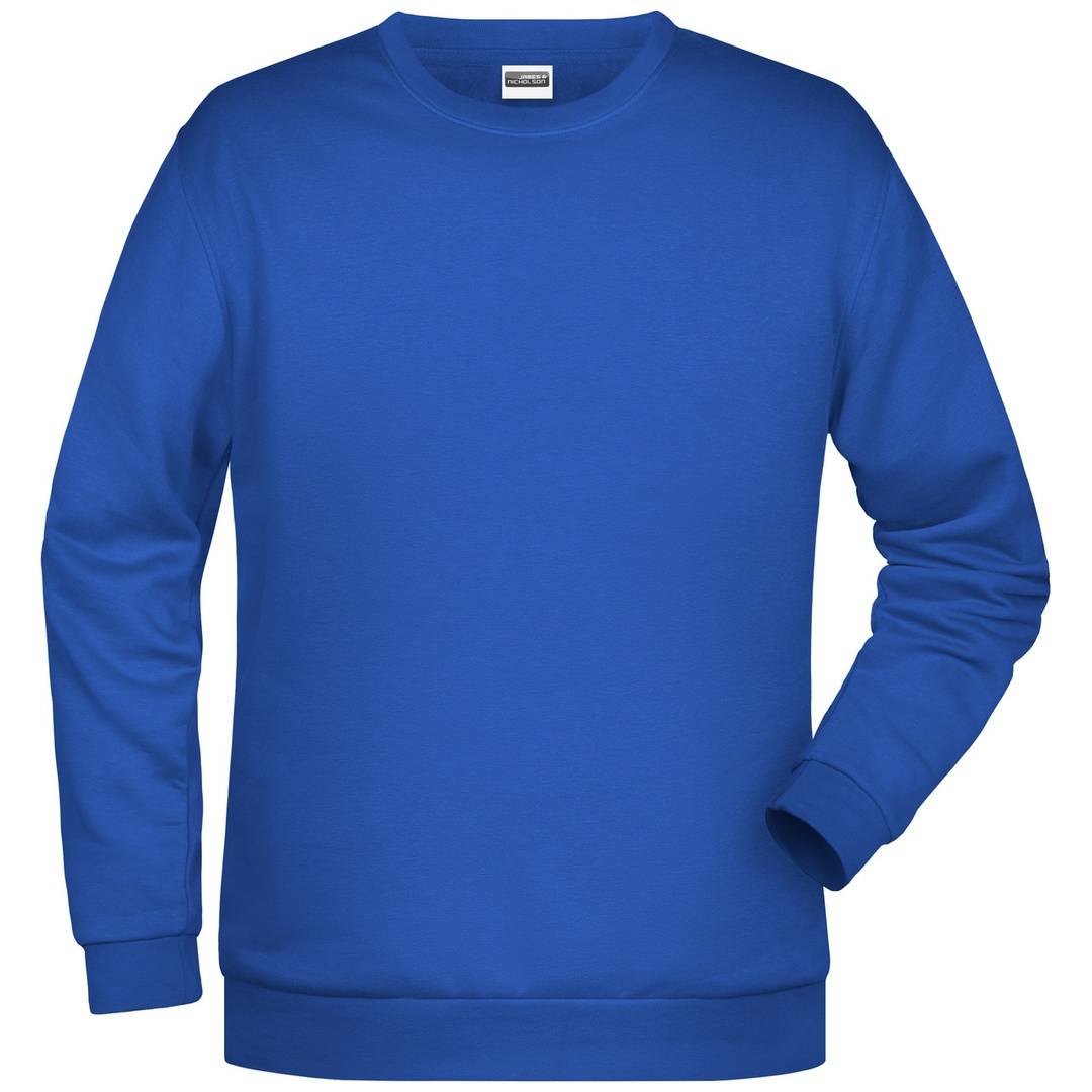 Blaugrauer Pullover mit langen Ärmeln und Rundhalsausschnitt in der Vorderansicht auf weißem Hintergrund.