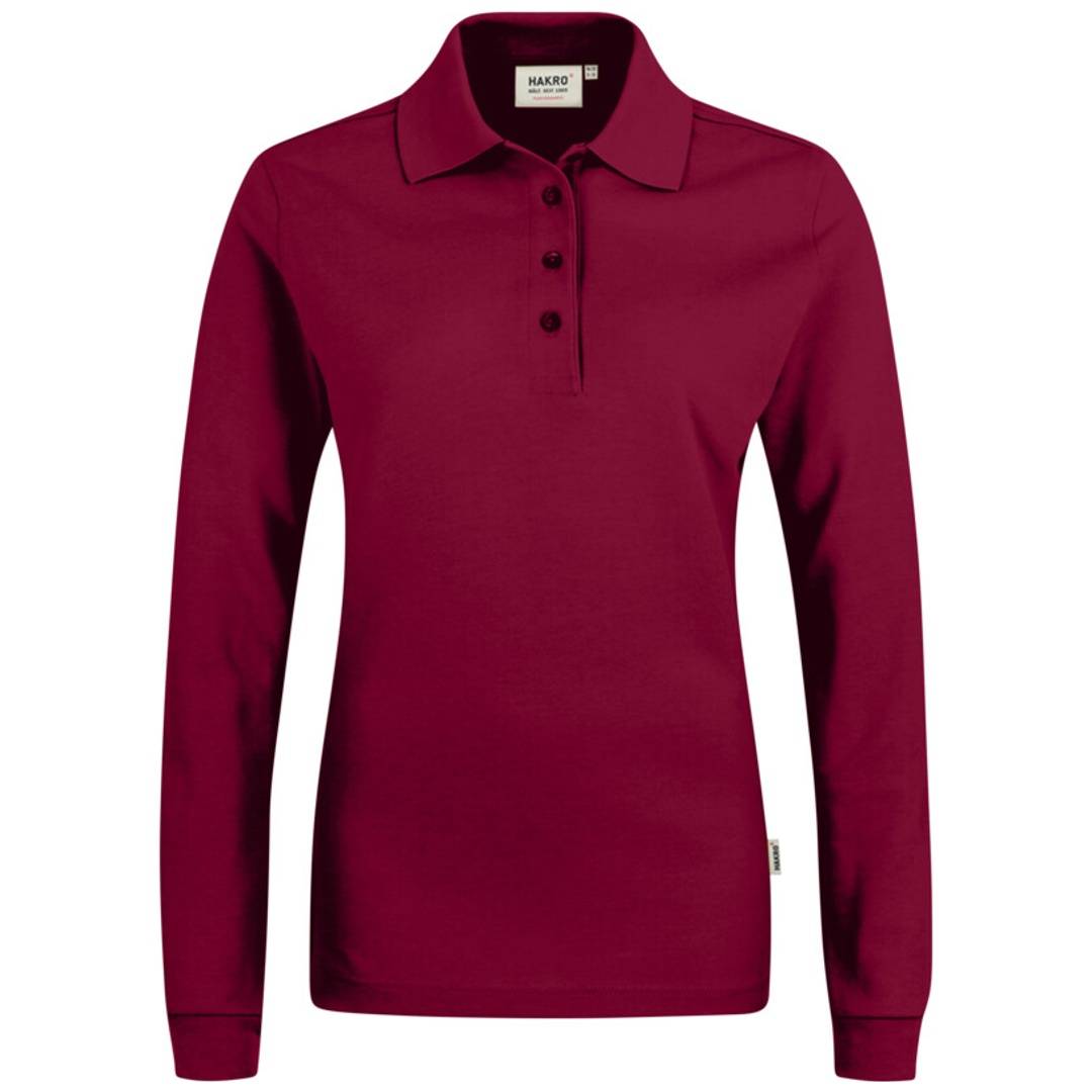 Weinrotes Langarm-Poloshirt mit Kragen und dreiknöpfiger Knopfleiste, Vorderansicht auf einfachem Hintergrund dargestellt.