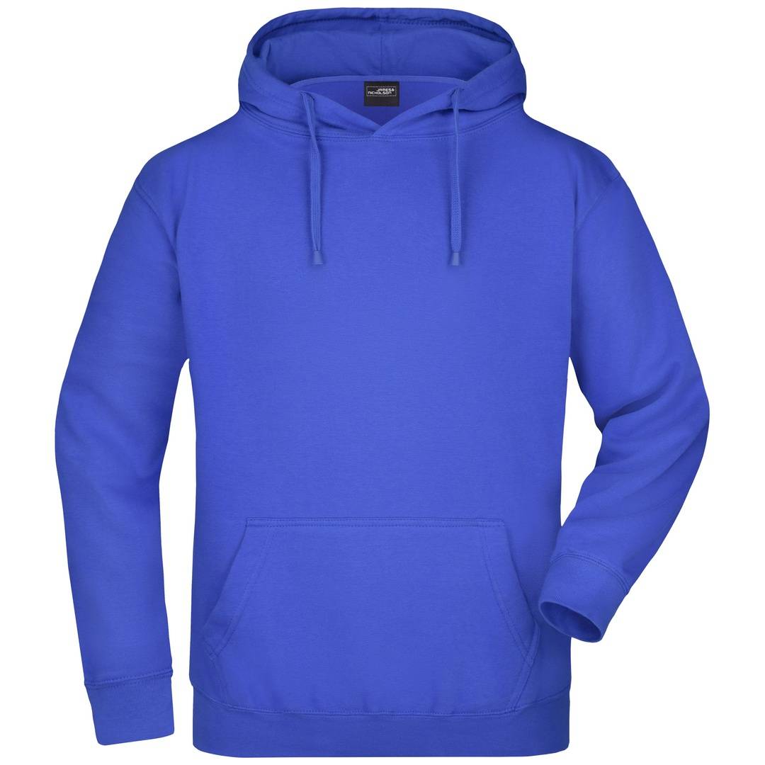 Blauer Pullover-Hoodie mit Kordelzug-Kapuze und vorderer Känguru-Tasche, isoliert auf weißem Hintergrund dargestellt.