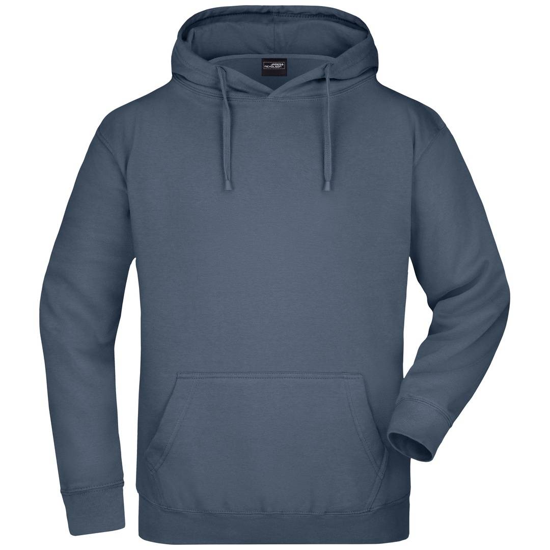 Blaugrauer Kapuzenpullover mit Kordelzügen und einer vorderen Känguru-Tasche, gezeigt vor einem einfachen weißen Hintergrund.
