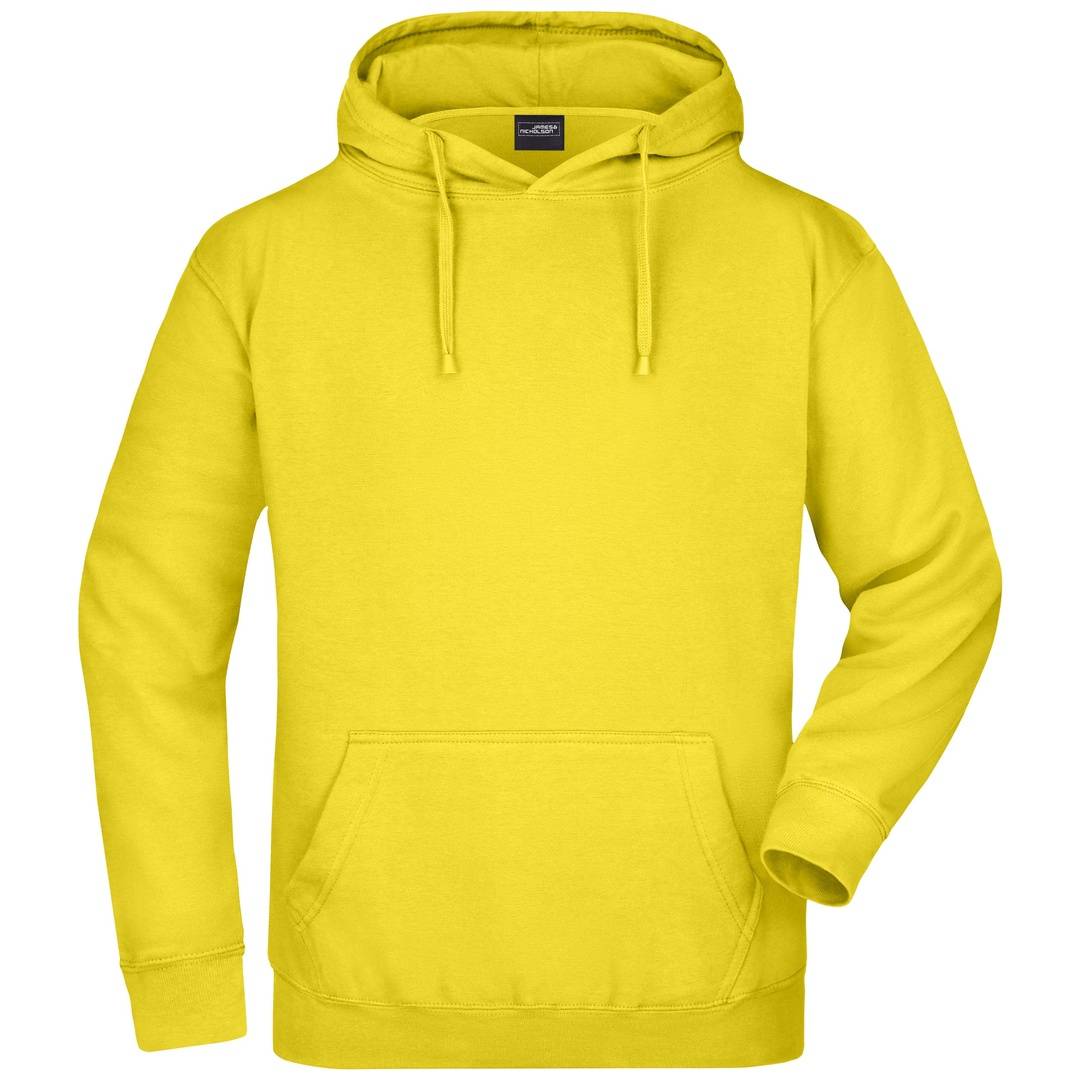 Leuchtend gelber Pullover-Hoodie mit Zugschnur-Kapuze und vorderer Känguru-Tasche, isoliert auf weißem Hintergrund dargestellt.