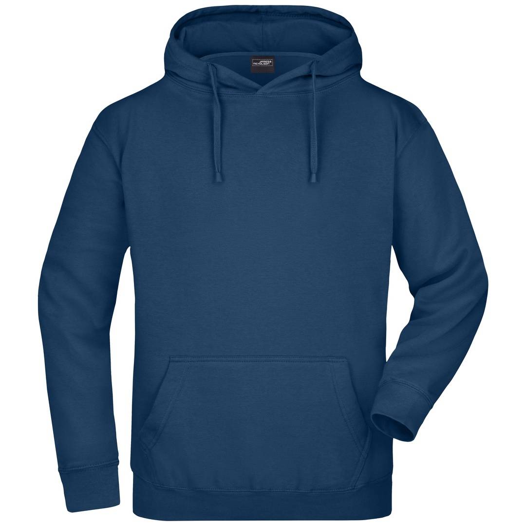 Blauer Kapuzenpullover mit einer vorderen Känguru-Tasche und Zugschnur-Kapuze, gezeigt auf einem einfachen weißen Hintergrund.