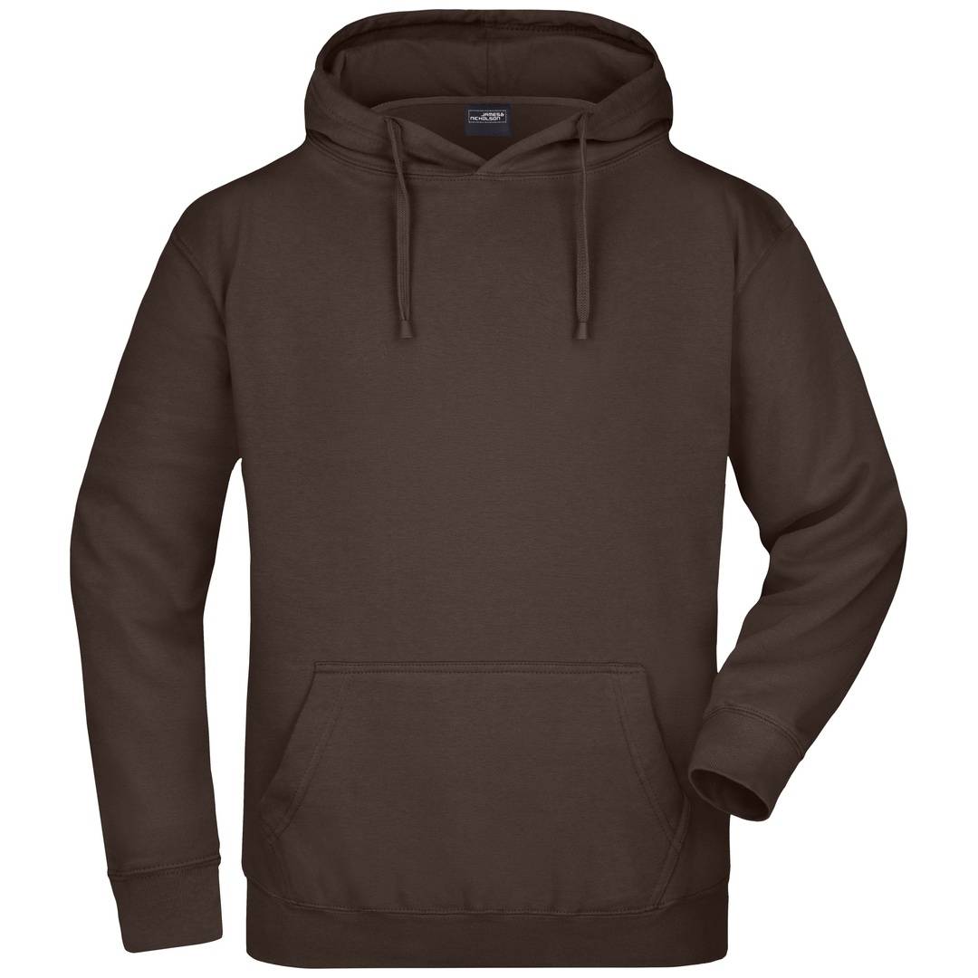 Dunkelbraunes Kapuzenpullover mit Kordelzug-Kapuze und vorderer Känguru-Tasche, in Vorderansicht auf neutralem Hintergrund dargestellt.