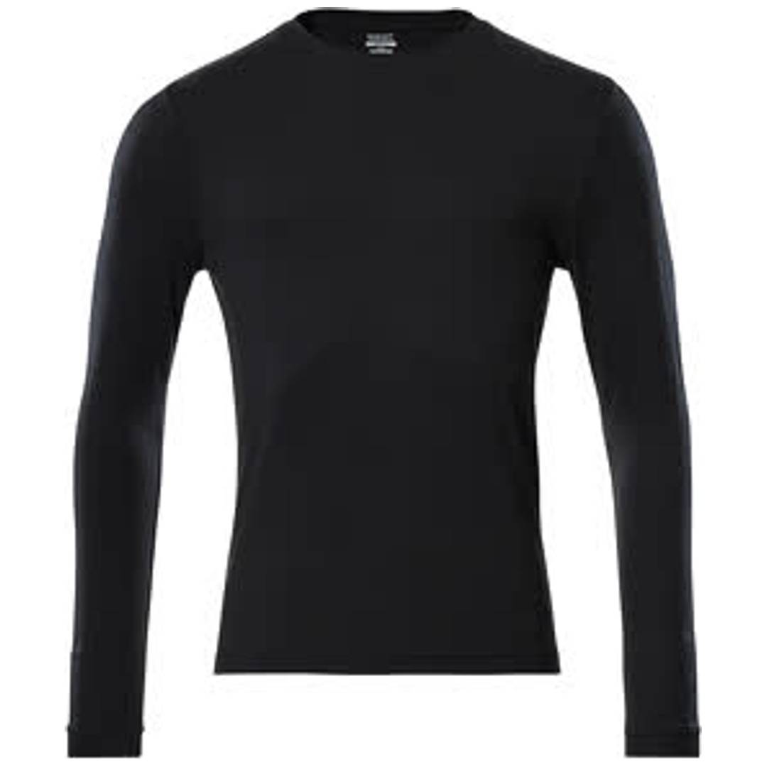 Schwarzes Langarm-Sweatshirt mit Rundhalsausschnitt, Vorderansicht auf einfachem weißem Hintergrund angezeigt.