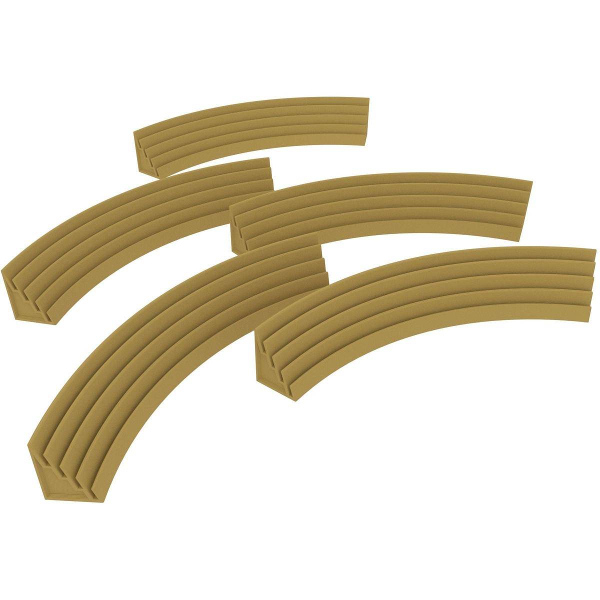 Vier gekrümmte beige gleisähnliche Teile diagonal auf weißem Hintergrund angeordnet, die modularen Schienen- oder Riemensegmenten ähneln.