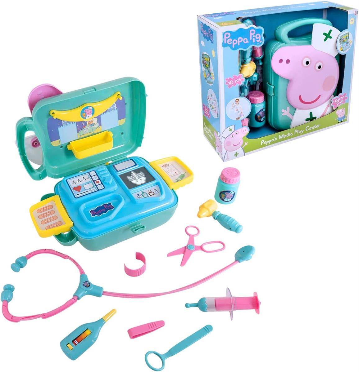 Peppa Pig Spielzeug-Arztset mit Arzttasche, Karton, Stethoskop, Spritze, Thermometer, Schere und anderen Spielzeug-Medizininstrumenten auf weißem Hintergrund.